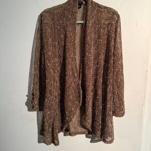 Katie Todd Large Lagenlook Textured Knit Cardigan Woven Mesh Brown Granola Boho